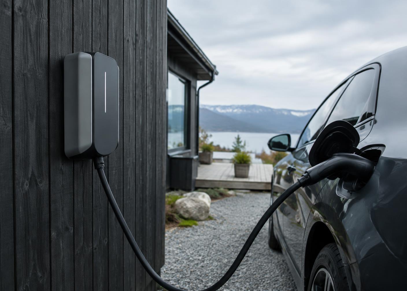 Elbillader montert på vegg ved moderne bolig