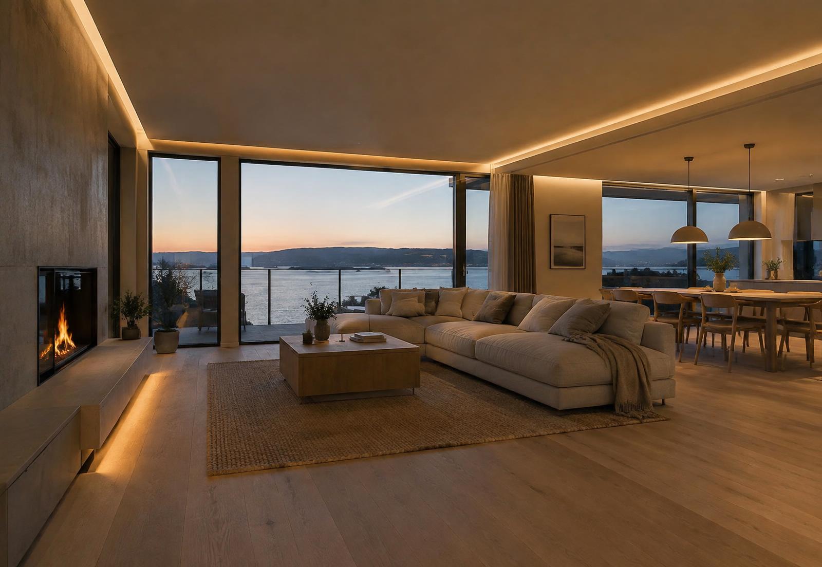 Moderne stue med indirekte LED-belysning i taket